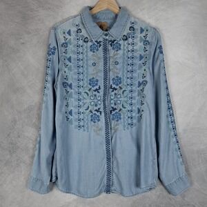 Driftwood Embroidered Top Womens Medium Blue Chambray Western Boho Shirt